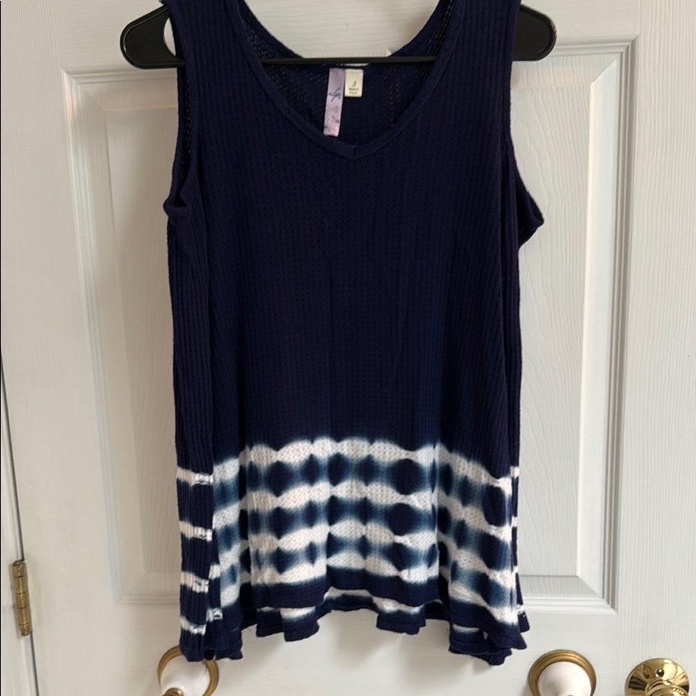 Navy Blue Tie-Dye Long Sleeve Cold Shoulder Top-S